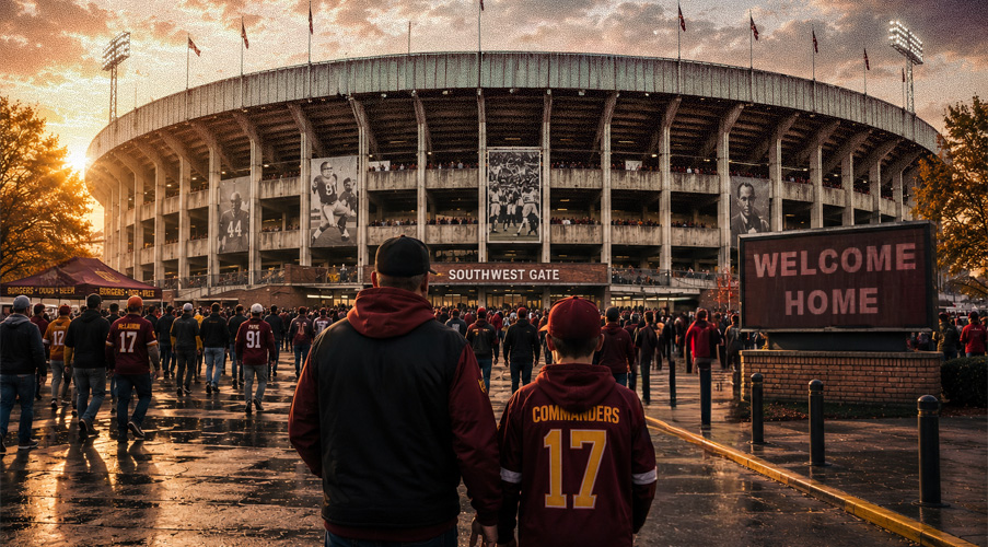 Artistic image of Washington Commanders fans looking at the original RFK Stadium